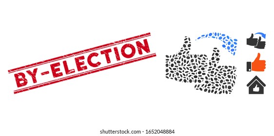 Distressed red stamp seal with By-Election caption inside double parallel lines, and mosaic like for like icon.