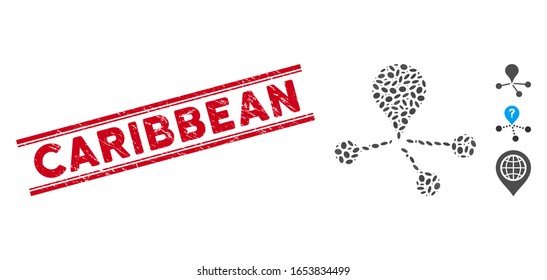 Distressed red stamp seal with Caribbean phrase inside double parallel lines, and mosaic geo network icon. Mosaic vector is composed from geo network icon and with random ellipse items.