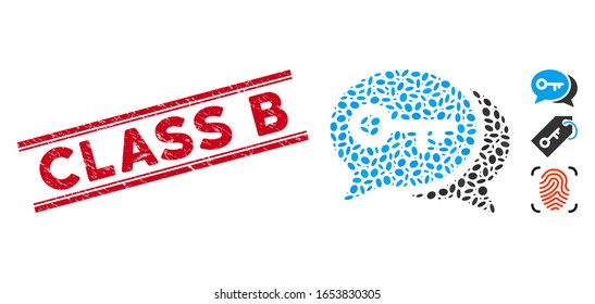 Distressed red stamp seal with Class B text inside double parallel lines, and mosaic key exchange icon. Mosaic vector is composed with key exchange icon and with randomized oval elements.