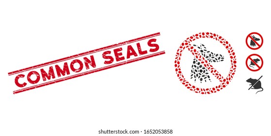 Distressed red stamp seal with Common Seals phrase between double parallel lines, and collage no fox icon. Mosaic vector is created with no fox icon and with randomized ellipse elements.
