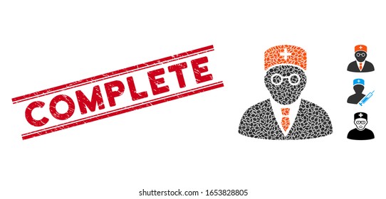 Sello de sello rojo con leyenda completa entre líneas paralelas dobles y icono del médico principal del mosaico. El vector mosaico está compuesto por el ícono principal del médico y con elementos ovales aleatorios.