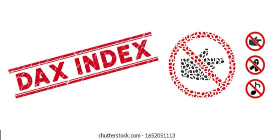 Distressed red stamp seal with Dax Index phrase between double parallel lines, and mosaic no index finger icon. Mosaic vector is created with no index finger icon and with scattered ellipse elements.