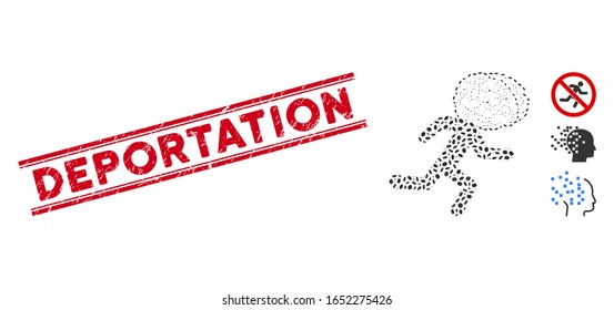 Distressed red stamp seal with Deportation phrase inside double parallel lines, and mosaic brain drain icon. Mosaic vector is formed with brain drain icon and with randomized elliptic spots.