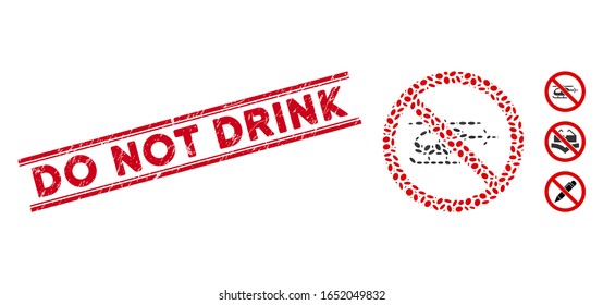 Sello de sello rojo con texto No beber entre líneas paralelas dobles y mosaico sin icono de helicóptero. El vector mosaico se forma sin icono de helicóptero y con elementos de elipse dispersos.