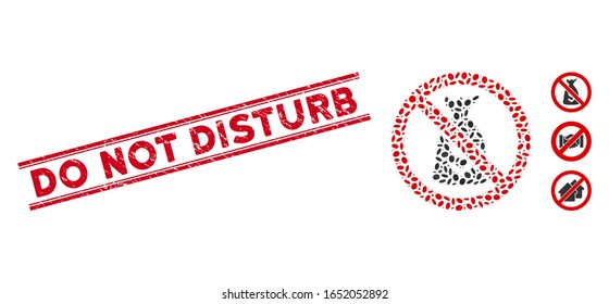 Distressed red stamp seal with Do Not Disturb caption between double parallel lines, and mosaic no funds icon. Mosaic vector is formed from no funds icon and with random oval spots.