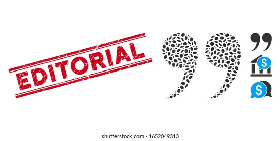 Distressed red stamp seal with Editorial caption inside double parallel lines, and collage quote symbol icon. Mosaic vector is composed with quote symbol icon and with randomized oval spots.