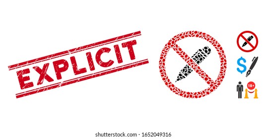 Rote Stempelversiegelung mit explizitem Text zwischen doppelten parallelen Linien und Mosaik ohne Bleistift-Symbol. Mosaike Vektorillustration ist ohne Bleistift-Symbol und mit randomisierten elliptischen Elementen konzipiert.