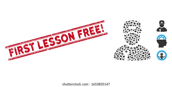 Rote Stempelrobbe mit First Lesson Free! -Satz in doppelten parallelen Linien und ein Mosaik-Reparatursymbol. Mosaikische Vektorillustration wird mit Piktogramm für den Reprateur und mit zufälligen Ellipsenelementen erstellt.