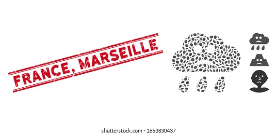 Distressed red stamp seal with France, Marseille caption inside double parallel lines, and mosaic sad rain cloud icon. Mosaic vector is created with sad rain cloud icon and with randomized oval spots.