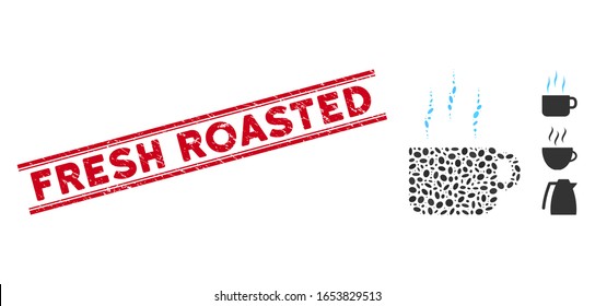 Distressed red stamp seal with Fresh Roasted phrase inside double parallel lines, and mosaic hot tea cup icon. Mosaic vector is created with hot tea cup icon and with scattered oval elements.