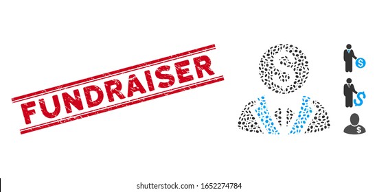 Distressed red stamp seal with Fundraiser phrase inside double parallel lines, and mosaic banker icon. Mosaic vector is composed with banker icon and with scattered ellipse items.