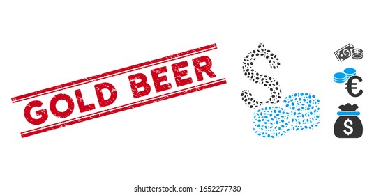 Distressed red stamp seal with Gold Beer caption between double parallel lines, and mosaic dollar coins icon. Mosaic vector is designed with dollar coins icon and with random elliptic items.