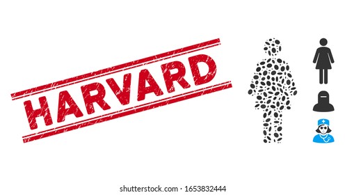 Distressed red stamp seal with Harvard text between double parallel lines, and mosaic woman icon. Mosaic vector is designed with woman icon and with random ellipse elements.