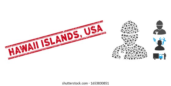 Distressed red stamp seal with Hawaii Islands, USA phrase inside double parallel lines, and collage worker icon. Mosaic vector is formed with worker pictogram and with random elliptic elements.