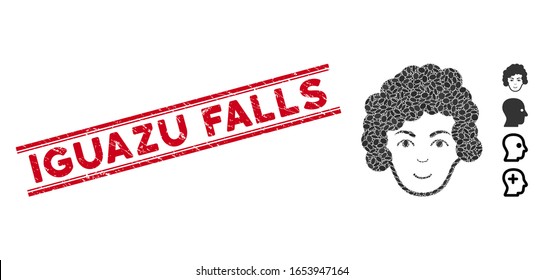 Distressed red stamp seal with Iguazu Falls phrase between double parallel lines, and mosaic hairstyle head icon. Mosaic vector is created with hairstyle head icon and with randomized ellipse items.