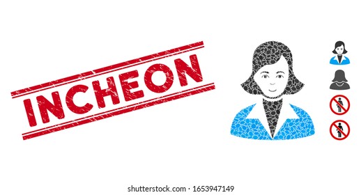 Distressed red stamp seal with Incheon caption between double parallel lines, and mosaic lady icon. Mosaic vector is composed with lady icon and with scattered ellipse items.