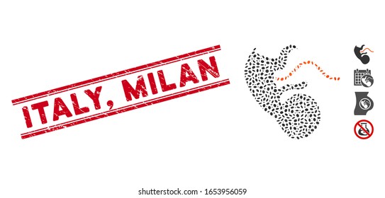 Distressed red stamp seal with Italy, Milan caption between double parallel lines, and mosaic ape embryo icon. Mosaic vector is designed with ape embryo pictogram and with scattered oval items. Italy,