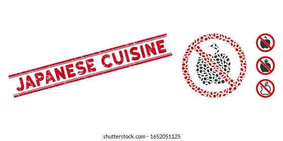 Distressed red stamp seal with Japanese Cuisine caption between double parallel lines, and mosaic no apple fruit icon. Mosaic vector is created with no apple fruit icon and with random elliptic items.