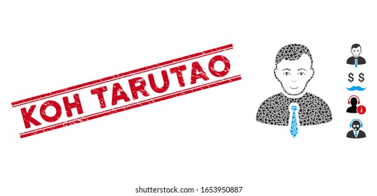 Distressed red stamp seal with Koh Tarutao caption between double parallel lines, and mosaic businessman icon. Mosaic vector is created with businessman icon and with random elliptic spots.