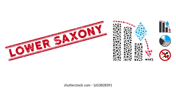 Distressed red stamp seal with Lower Saxony phrase inside double parallel lines, and mosaic Ethereum falling acceleration chart icon.