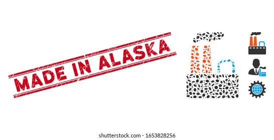 Distressed red stamp seal with Made in Alaska phrase inside double parallel lines, and mosaic factory icon. Mosaic vector is designed with factory icon and with random oval items.