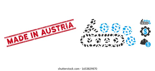 Distressed red stamp seal with Made in Austria caption inside double parallel lines, and mosaic money production icon.