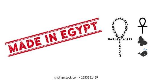 Distressed red stamp seal with Made in Egypt text between double parallel lines, and mosaic life key icon. Mosaic vector is composed with life key icon and with scattered elliptic spots.