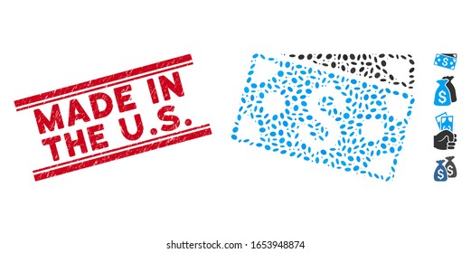 Distressed red stamp seal with Made in the U.S. caption between double parallel lines, and mosaic dollar banknotes icon.