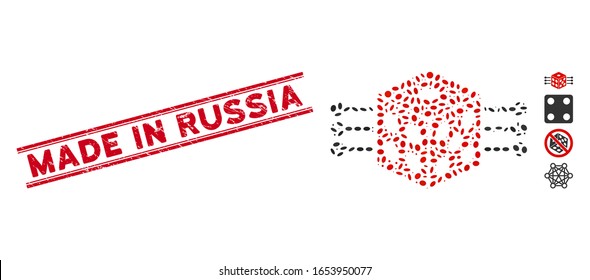 Distressed red stamp seal with Made in Russia caption between double parallel lines, and mosaic dice links icon. Mosaic vector is designed from dice links icon and with scattered elliptic items.