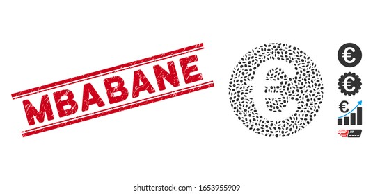 Distressed red stamp seal with Mbabane text between double parallel lines, and mosaic Euro coin icon. Mosaic vector is formed with Euro coin icon and with randomized elliptic elements.