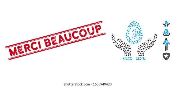 Distressed red stamp seal with Merci Beaucoup caption inside double parallel lines, and mosaic Euro deposit care icon.