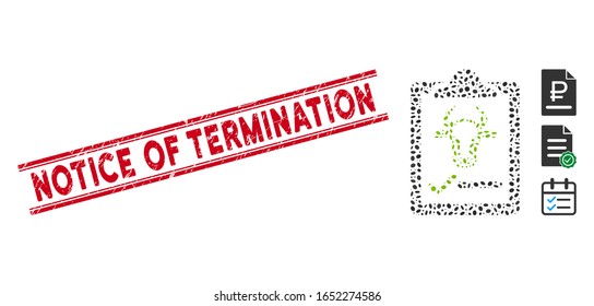 Distressed red stamp seal with Notice of Termination caption between double parallel lines, and mosaic cattle contract icon.