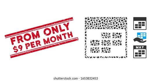 Distressed red stamp seal with From Only $9 Per Month phrase inside double parallel lines, and mosaic calendar month grid icon.