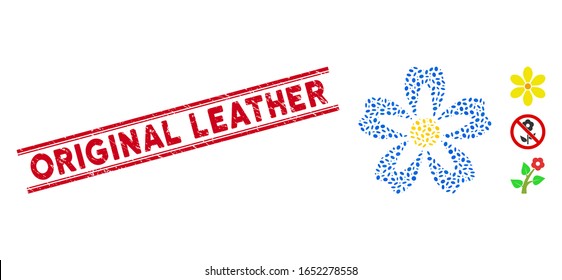 Distressed red stamp seal with Original Leather phrase between double parallel lines, and mosaic flower icon. Mosaic vector is designed with flower icon and with scattered ellipse elements.