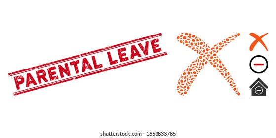 Distressed red stamp seal with Parental Leave caption inside double parallel lines, and mosaic erase icon. Mosaic vector is composed with erase icon and with randomized elliptic spots.