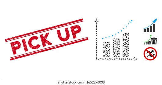 Sello de sello rojo con la frase Recogida entre líneas paralelas dobles y icono de tendencia positiva con puntos de mosaico.