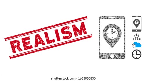 Distressed red stamp seal with Realism caption inside double parallel lines, and mosaic mobile time pointer icon. Mosaic vector is created with mobile time pointer icon and with random ellipse spots.