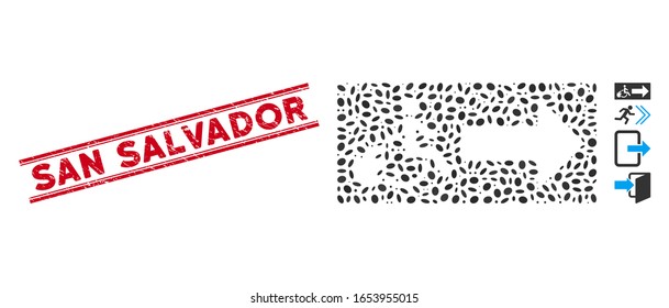 Distressed red stamp seal with San Salvador caption inside double parallel lines, and mosaic patient exit icon. Mosaic vector is composed with patient exit pictogram and with scattered elliptic spots.