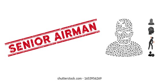 Distressed red stamp seal with Senior Airman caption between double parallel lines, and mosaic neurology patient icon.