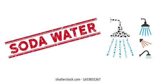 Distressed red stamp seal with Soda Water text between double parallel lines, and mosaic shower icon. Mosaic vector is designed with shower icon and with random elliptic spots.