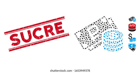 Distressed red stamp seal with Sucre phrase inside double parallel lines, and mosaic rouble and dollar cash icon.
