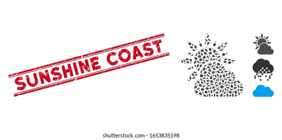 Distressed red stamp seal with Sunshine Coast phrase inside double parallel lines, and collage sun and cloud weather icon.