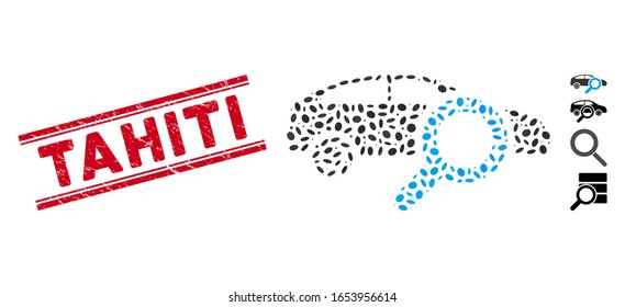 Distressed red stamp seal with Tahiti caption between double parallel lines, and mosaic search car icon. Mosaic vector is created with search car icon and with scattered elliptic items.