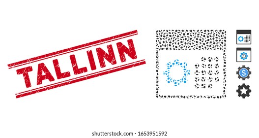 Distressed red stamp seal with Tallinn caption inside double parallel lines, and mosaic service calendar icon. Mosaic vector is composed with service calendar icon and with scattered elliptic spots.