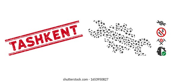Distressed red stamp seal with Tashkent caption between double parallel lines, and mosaic service wrench icon. Mosaic vector is designed with service wrench icon and with randomized oval spots.