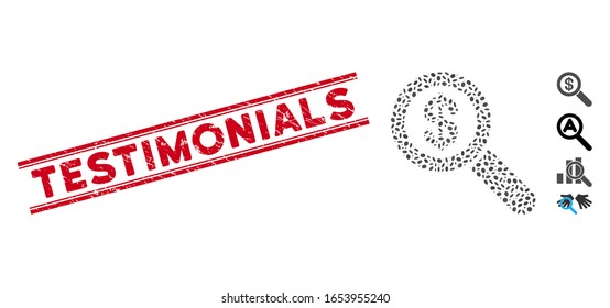 Sello rojo de sello con texto de los Testimonios dentro de líneas paralelas dobles, e icono de letra de auditoría financiera de mosaico.