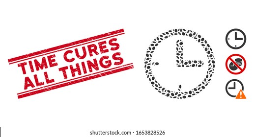 Distressed red stamp seal with Time Cures All Things caption between double parallel lines, and mosaic time icon. Mosaic vector is composed from time icon and with random ellipse elements.
