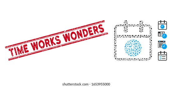Rote Stempelsiegel mit Time Works Wonders Text zwischen doppelten parallelen Linien und Mosaik Kalender-Seite und Zeitsymbol.