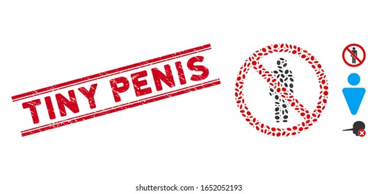 Distressed red stamp seal with Tiny Penis text inside double parallel lines, and mosaic no man icon. Mosaic vector is created with no man icon and with scattered elliptic elements.