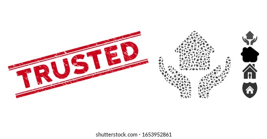 Distressed red stamp seal with Trusted caption inside double parallel lines, and mosaic home care hands icon. Mosaic vector is composed with home care hands icon and with randomized ellipse elements.